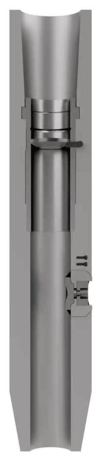 Cutaway of the FEODE FECCS circulating sub showing the internal blowout-prevention main valve and side circulation port / FECCS 循环短节纵剖结构图，含内防喷主阀与侧向循环通道